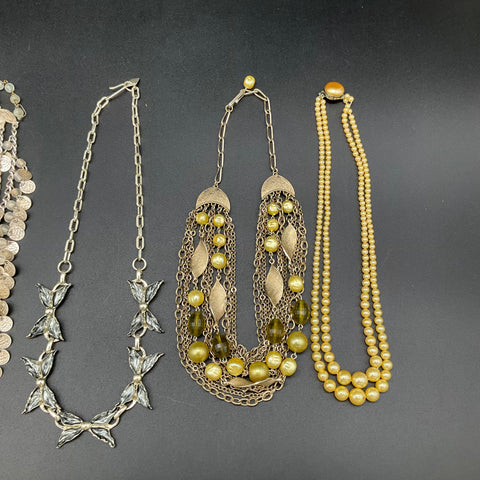 Vintage Costume Jewelry Lot 7 Necklaces Faux Pearl Beaded Coin Butterfly
