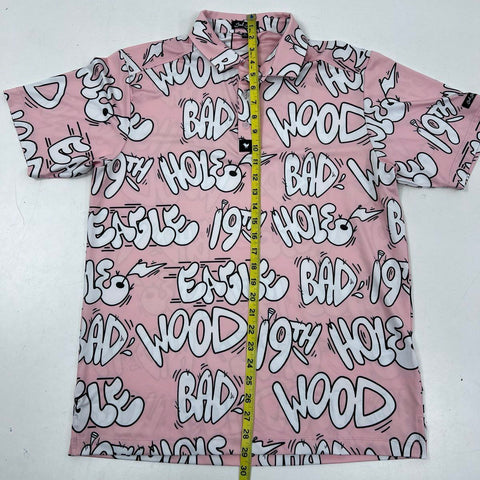 Bad Birdie Men's Pink Bad Wood Graffiti Print Performance Golf Polo Shirt Sz M