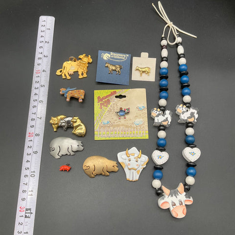 Vintage AJC Cow Pig Farmhouse Jewelry Lot Necklace Brooches Pins Mixed 11 Piece
