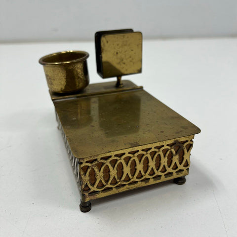Vintage Swiss Music Box Brass Filigree Desk Caddy Inkwell Letter Holder