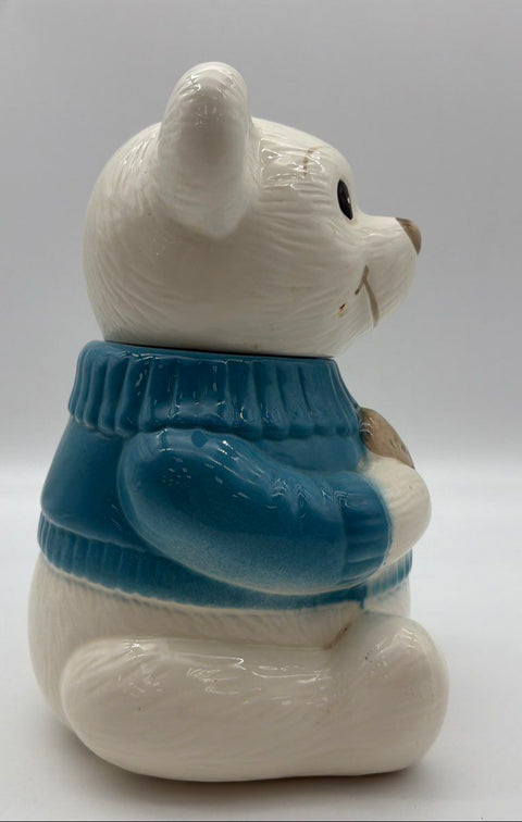 Vintage Welcome Ceramic Bear Cookie Jar White Blue Sweater Taiwan 12 Inch