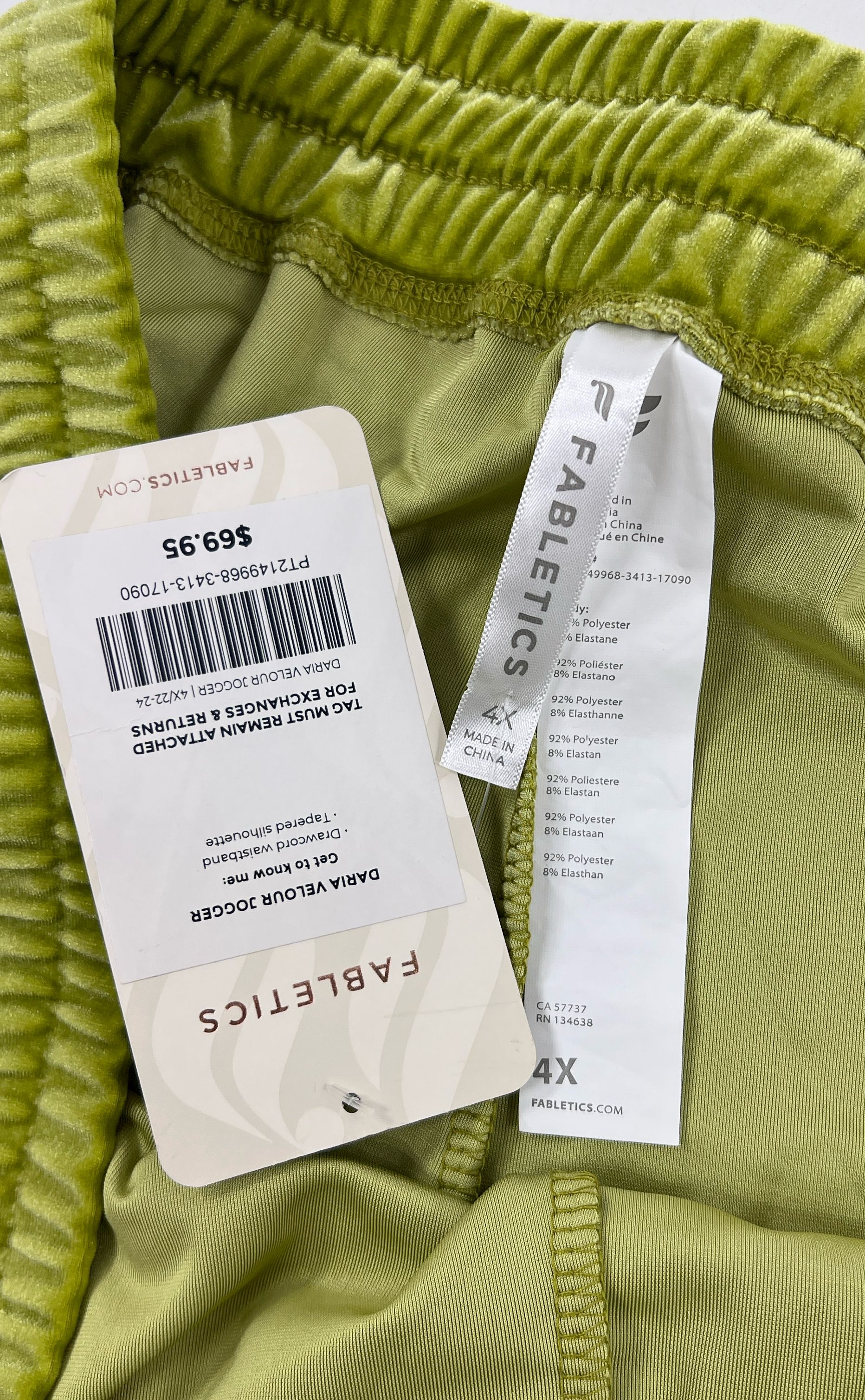 NWT Women's Fabletics Daria Lime Green Velour Velvet Joggers Pants - Size 4XL