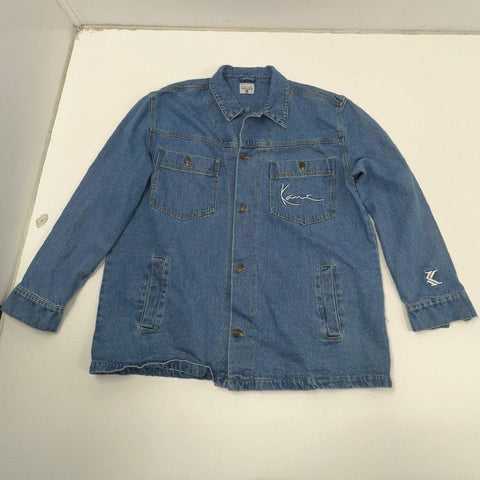 Vintage 90s Karl Kani Blue Embroidered Signature Denim Jean Jacket Men's XXL