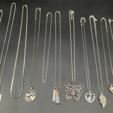 Silver Tone Costume Jewelry Lot 14 Necklaces Butterfly Hearts Ace of Hearts