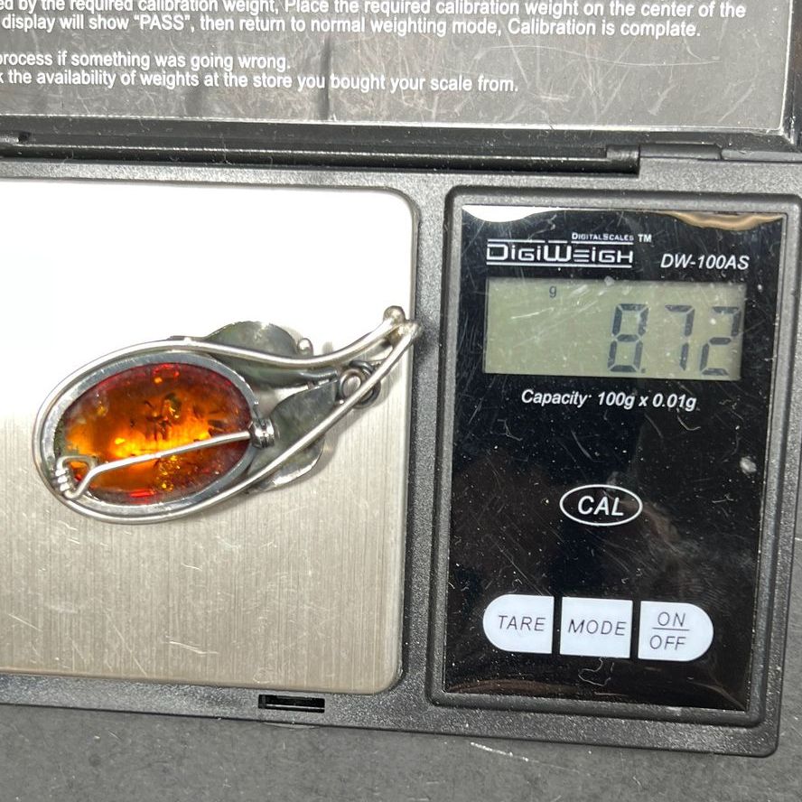 Sterling Silver Amber Leafy Brooch 8.72g