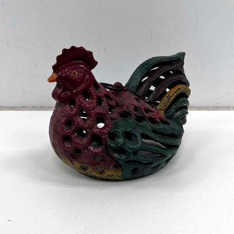 Cast Iron Rooster Chicken Lattice Candle Holder Lantern Hand Painted Decorative