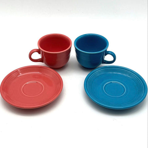 Homer Laughlin Fiesta Cup and Saucer Set 4 Piece Ceramic Scarlet and Blue Modern