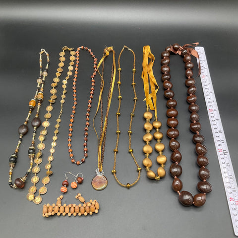 Boho Tropical Jewelry Lot 10pc Kukui Nut Shell Wood Glass Beaded Necklaces