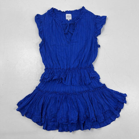 Misa Los Angeles Women's Blue Metallic Pinstripe Tiered Ruffle Mini Dress Sz S