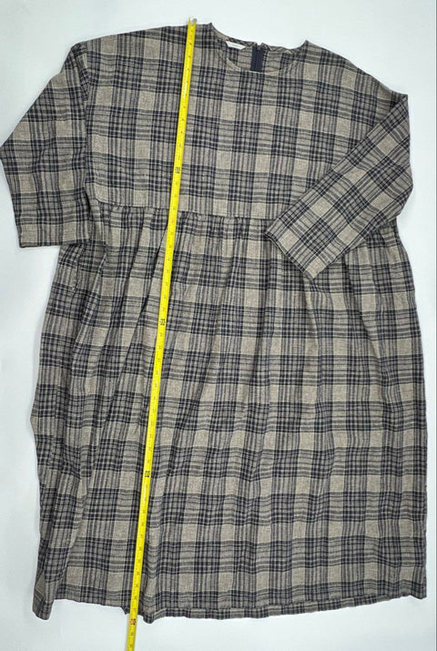 Ichi Women's Black Gray Plaid Oversized Long Sleeve Empire Waist Midi Dress