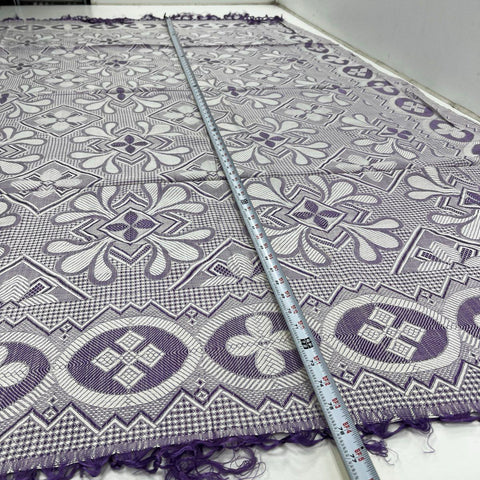 Vintage Purple Woven Tapestry Bedspread Geometric Floral Motif Fringe Coverlet