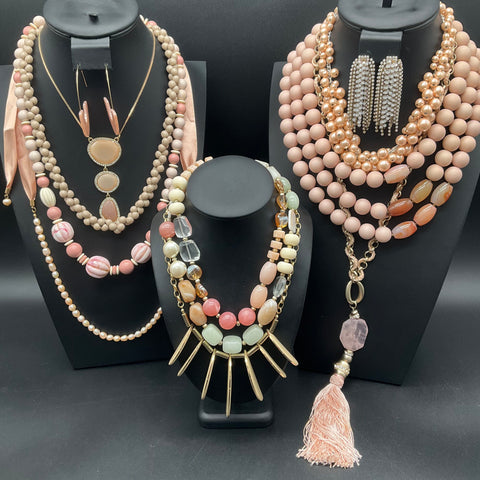 Blush Pink Taupe Jewelry Lot Faux Pearl Tassel Necklaces Earrings 10 Pc