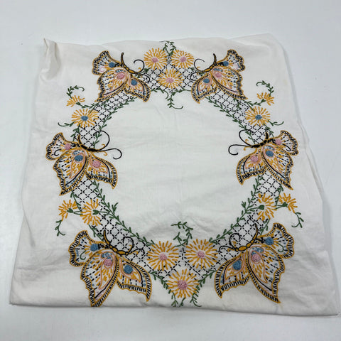 Vintage Hand Embroidered Butterfly Floral Tablecloth Mid-Century Cottage 86x66