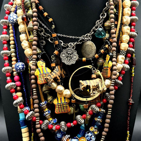 Eclectic Bohemian Beaded Necklace Jewelry Lot Wood Glass Ethnic Tribal 12pc