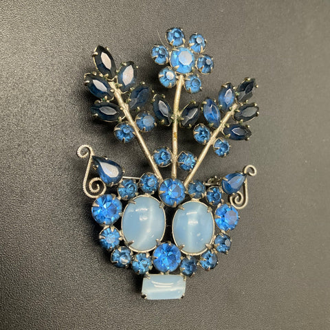 Vintage Silver Tone Blue Rhinestone Faux Moonstone Flower Basket Brooch Pendant