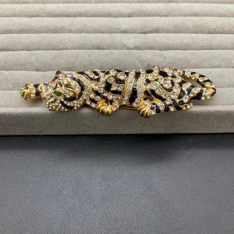 Vintage Retro Large Crawling Tiger Brooch Gold Tone Black Enamel Marked B