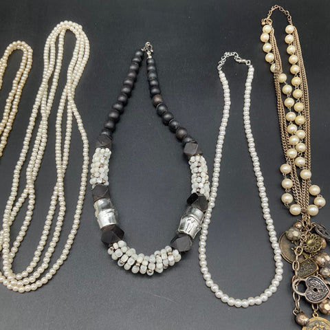 Faux Pearl Costume Jewelry Lot 9 Statement Floral Charm Multi-Strand Necklaces