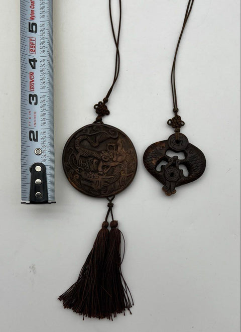 Vintage Carved Chinese Koi Fish & Boy on Carp Pendant Necklaces Lot of 2