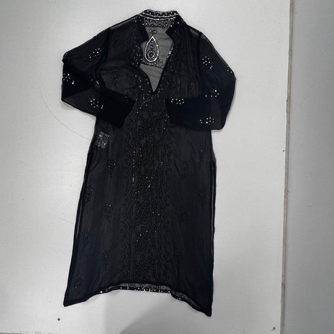 Pashi Chowdhury Women's Black Silk Kurti Sheer Sequined Dress India Sz L NWT