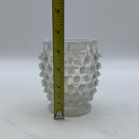 Pressed Glass Opalescent Hobnail Vase Ruffled Rim 4.5 Inch Vintage