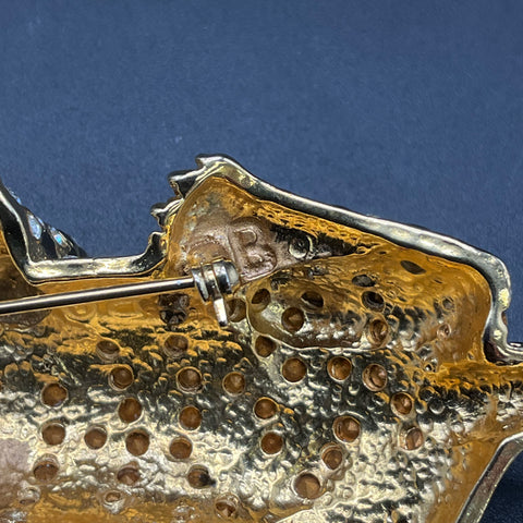 Vintage Retro Large Crawling Tiger Brooch Gold Tone Black Enamel Marked B