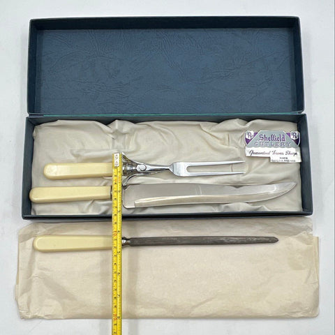 M Bernard Sheffield Carving Set 3pc Stainless Steel Faux Ivory Handle Vintage
