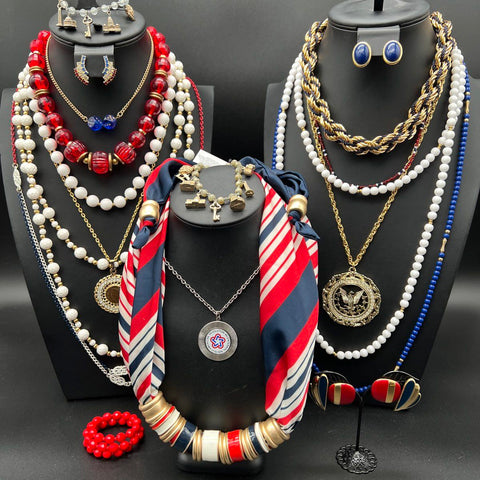 Vintage Patriotic Jewelry Lot of 20 Chicos Monet Trifari Necklaces Earrings