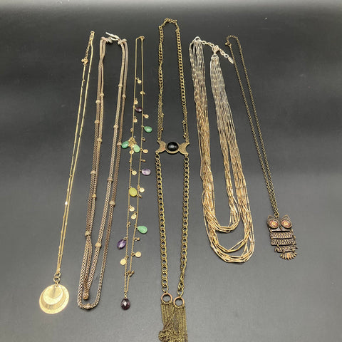 Vintage Boho Gold Tone Necklace Jewelry Lot of 6 Owl Tassel Celestial
