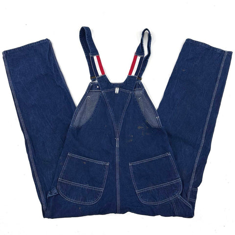 Vintage 90s Key Imperial Denim Bib Overalls Striped Straps Sz 36 x 34