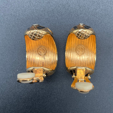 Vintage St. John Signed Gold Tone Black Enamel Animal Print Clip-On Earrings