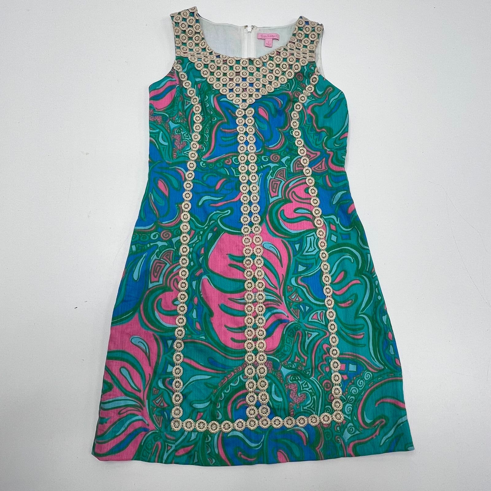 Lilly Pulitzer Jubilee Floral Crochet Lace Trim Sheath Dress Blue Pink Women's 4