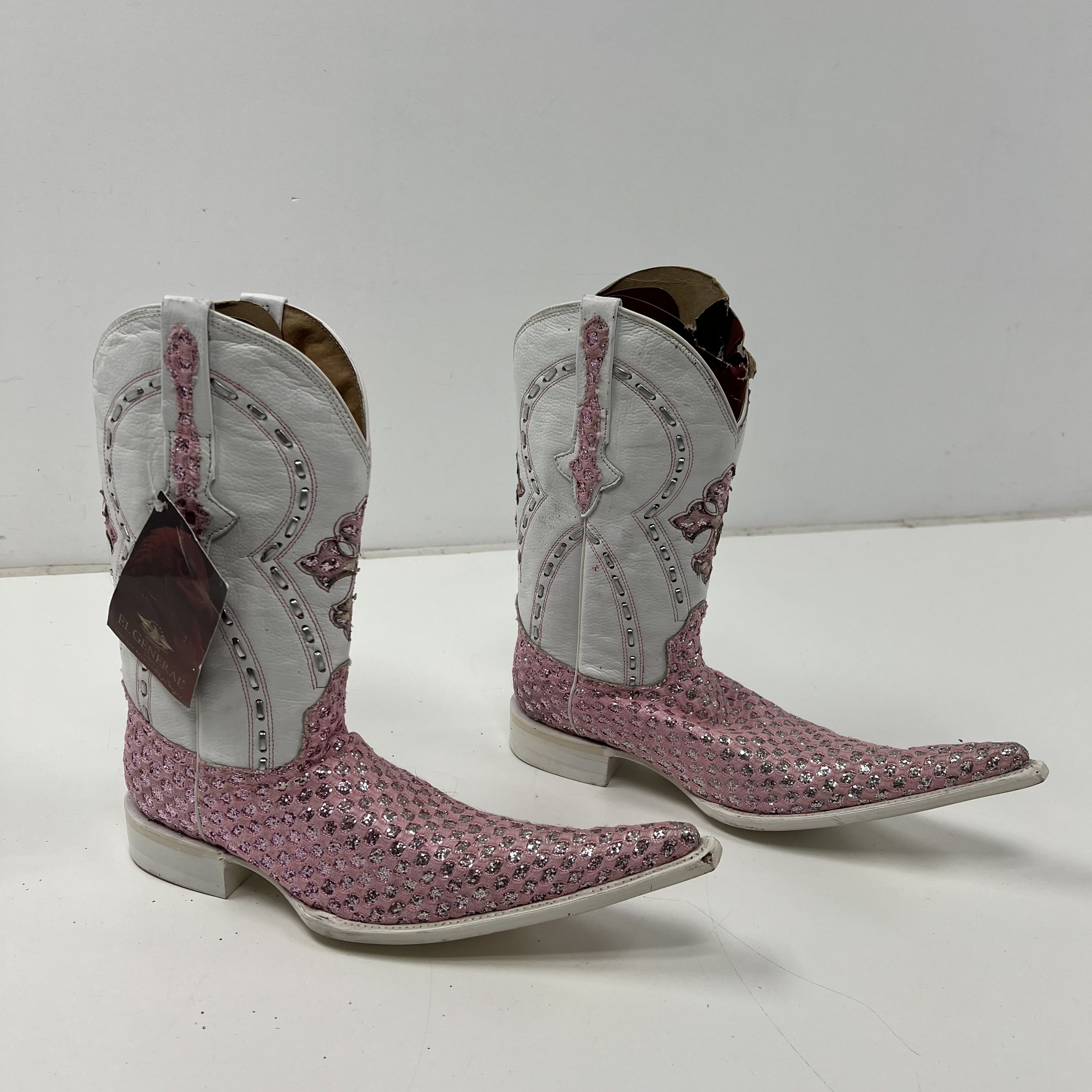El General Pink White Glitter Cross Western Cowboy Boots Pointed Toe Size 6