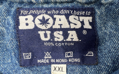 Vintage 90s Boast USA Denim Varsity Jacket Wolf Embroidery Larry Fanning Sz XXL