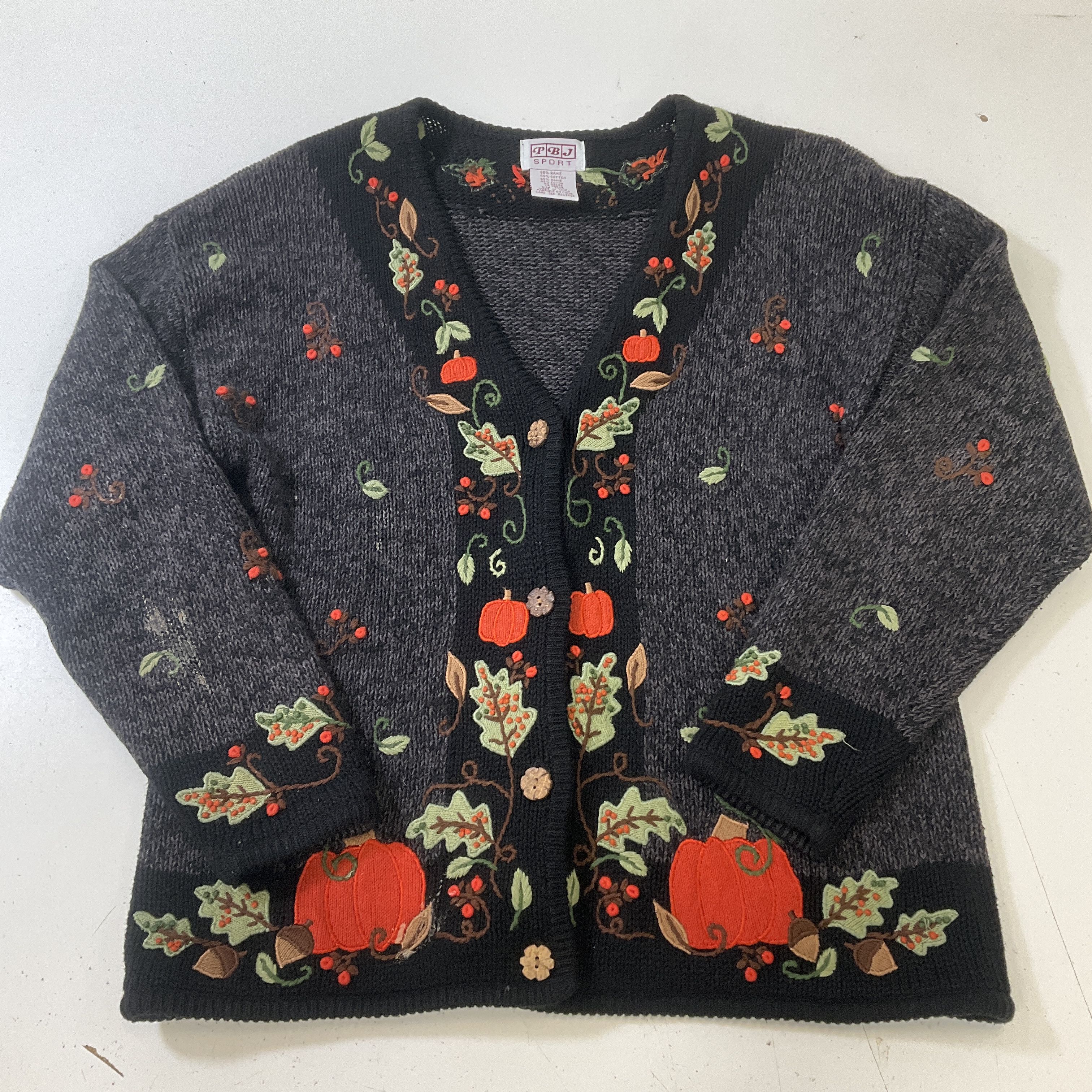 PBJ Sport Women's Gray Embroidered Fall Pumpkin Leaves Cardigan Sweater Size M