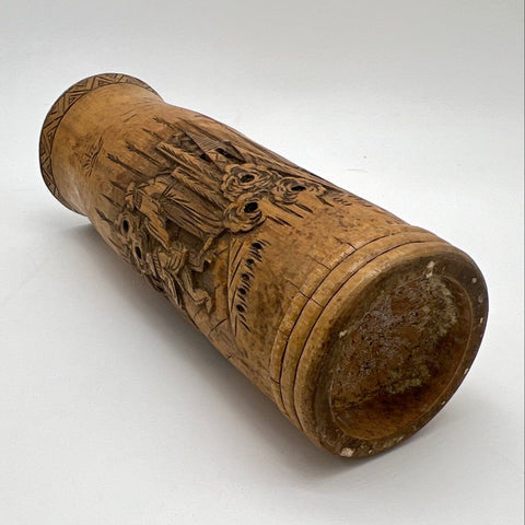 Vintage Hand Carved Bamboo Vase Village Scene Asian Folk Art Brush Pot 12 Inch