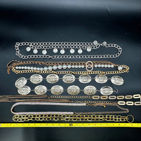 Vintage Style Fashion Chain Belts Lot 6pc Gold Silver Tone Concho Pearl Coin