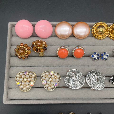 16 Pairs Vintage Clip On Earrings Lot Mixed Style Rhinestone Faux Pearl Retro