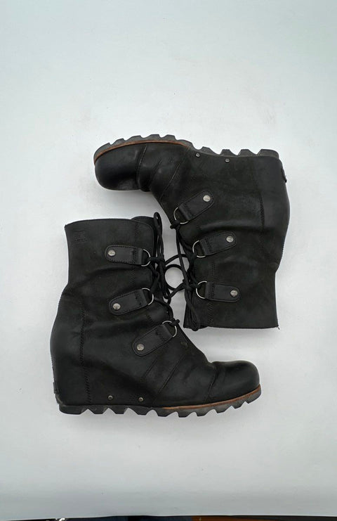 Sorel Joan of Arctic Wedge Mid Black Leather Women's Boots Size 12