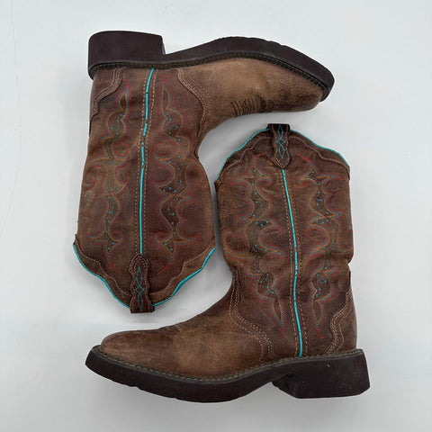 Justin Brown Leather Teal Stitching Square Toe Western Boots Size 8.5