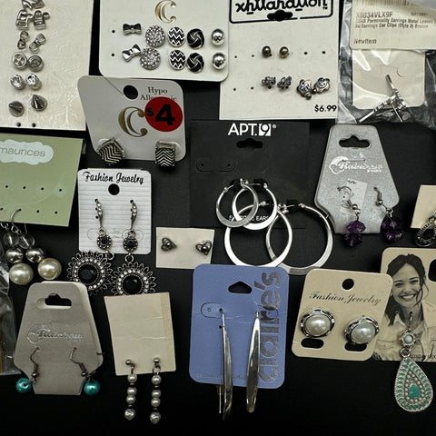 Mixed Costume Earrings Jewelry Lot 25+ Pairs Silver Tone Rhinestone Brands