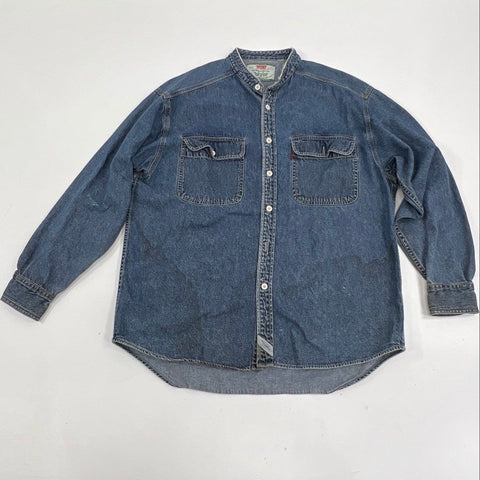Vintage 90s Levis Banded Collar Denim Button Up Shirt Two Horse Tag Sz L
