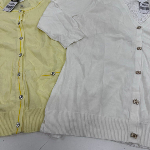 Wanko Women's Cardigan Sweaters Yellow White Lace Back Flower Buttons NWT Sz F