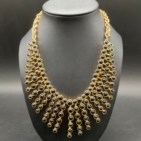Ann Taylor Gold Tone Black Cabochon Egyptian Revival Statement Bib Necklace 18"