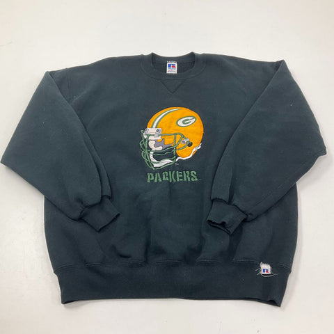 Vintage 90s Russell Athletic Packers Faded Black Embroidered Sweatshirt Men's XL