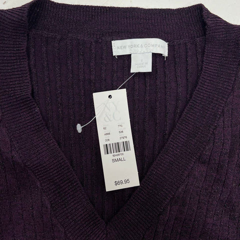 NY&C Women's Purple Ribbed Metallic Bell Sleeve Sweater Dress Size S NWT