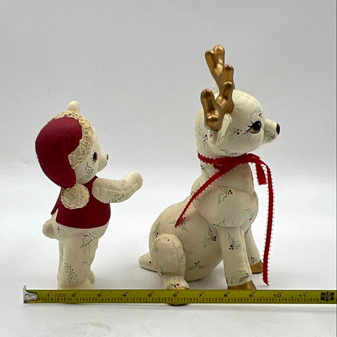 Vintage Ceramic Christmas Figurine Lot Deer and Bear Hand-Painted 2 Pieces
