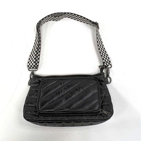 Think Royln Black Quilted Puffer Crossbody Bag Checkered Strap Gunmetal