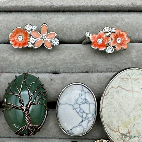 Vintage to Modern Fashion Jewelry Statement Rings Lot of 11 Floral Faux Stone
