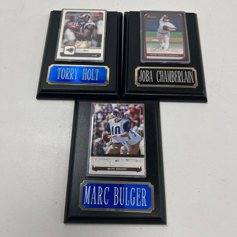 Torry Holt Marc Bulger Joba Chamberlain 3 Sports Card Plaque Lot NFL MLB Rams