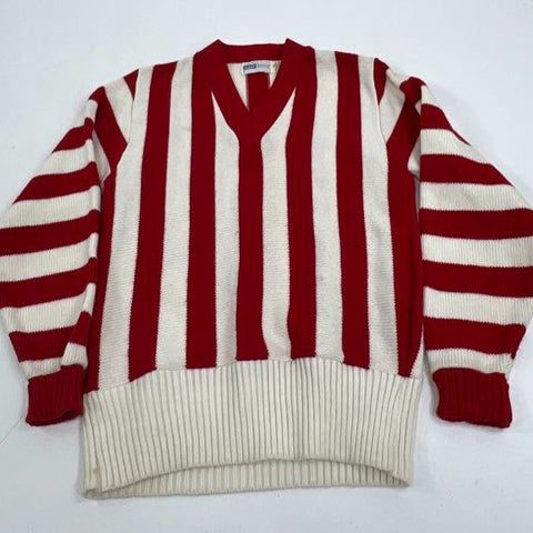 Vintage 70s AMF Red White Striped V-Neck Cheerleader Sweater Womens Size 38